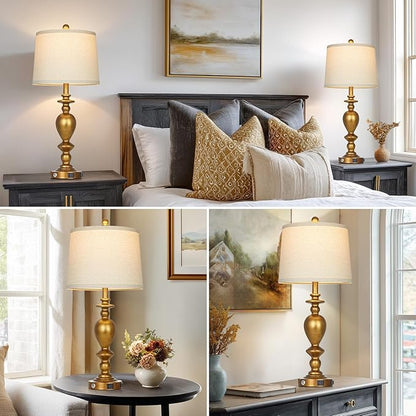 28" Farmhouse Table Lamps Set of 2 with USB C+A Ports & AC Outlet for Vintage Living Room Retro Bedroom,3-Way Dimmable Touch Lamp Resin Bedside Lamps for Nightstand Side End Table, Brass