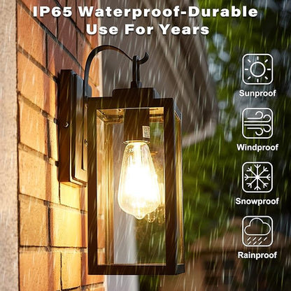 Pia Ricco Outdoor Wall Lights, Matte Black Exterior Light Fixtures with Clear Glass Shade, Waterproof Front Porch Lighting, Modern Sconces Lantern for Outside, House, Garage, E26 Socket, ETL Listed