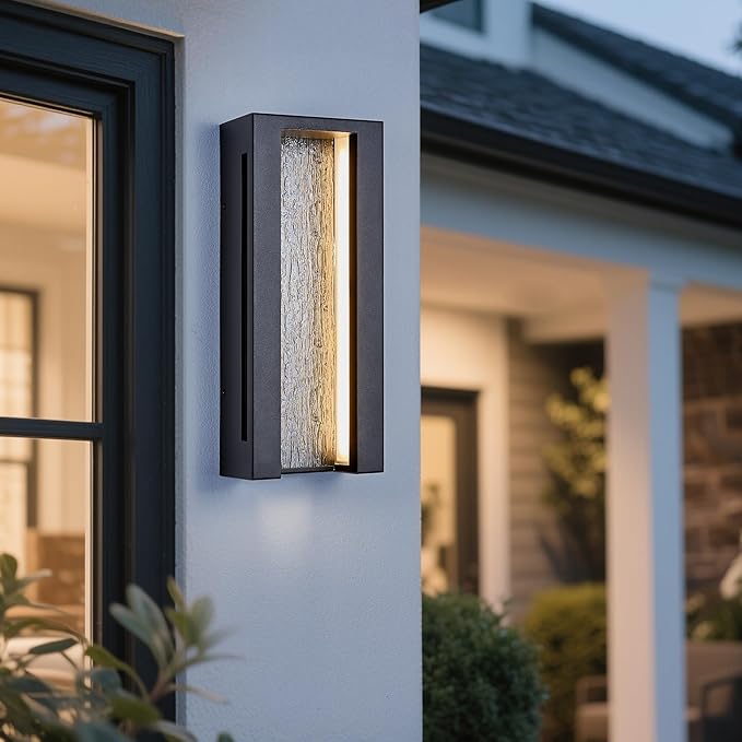 Modern Outdoor Wall Lights, IP65 Waterproof & Anti-Rust, 1800 Lumens Dimmable LED Porch Lights, Textured Black Metal with Art Glass, Warm White, Wall Mount for Patio, Entryway, Balcony