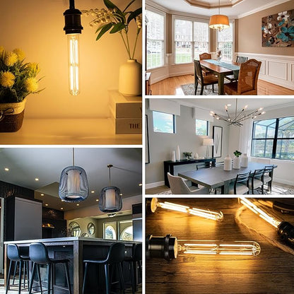 Tubular Light Bulb 7.3 Inch Dimmable T10 LED Bulb E26 6W 60 Watts Edison Bulbs 2700K Solf White,185mm Long for Wall Sconces, Pendant, Livingroom, 4-Pack