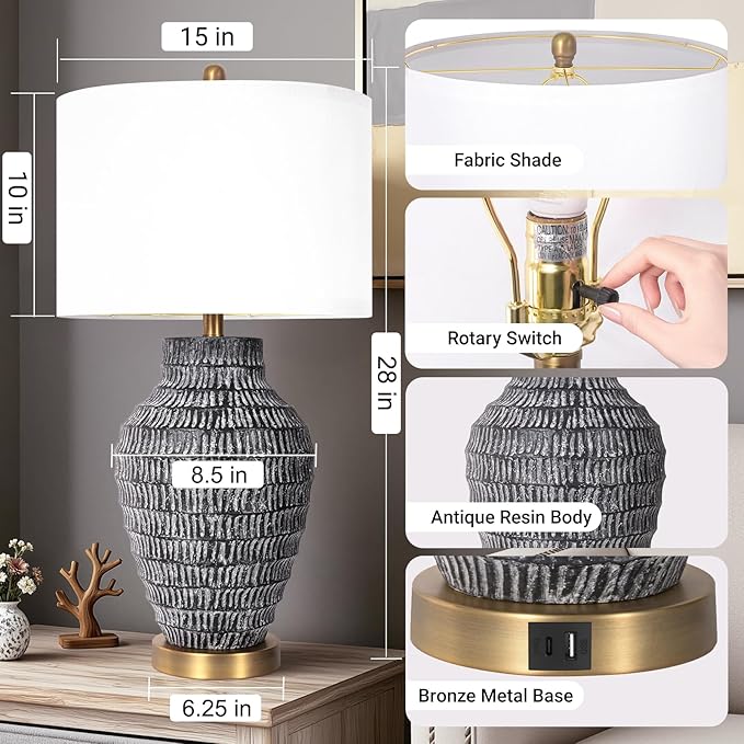 28”H Big Rustic Table Lamp with USB Charging Port for Bedroom Living Room, Black and Wash White Finish, 3 Color Temperature, Linen Shade, Rotary Switch Bedside Resin Lamp for Home Nightstand Decor