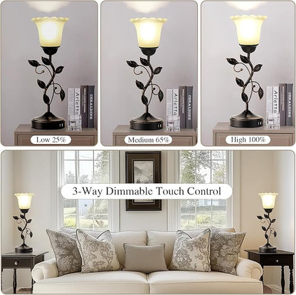 RORIANO Set of 2 Touch Bedside Vintage Lamps with 2 USB Ports, 3-Way Dimmable Flower Lamps, White Glass Shade Rustic Leaf Lamp for Bedroom Side Table, LED Bulb Included