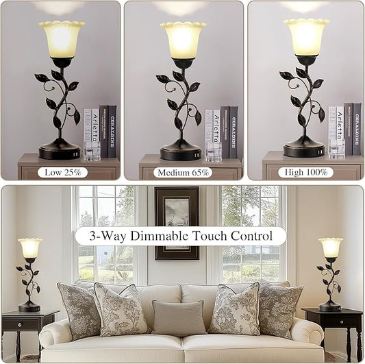 RORIANO Set of 2 Touch Bedside Vintage Lamps with 2 USB Ports, 3-Way Dimmable Flower Lamps, White Glass Shade Rustic Leaf Lamp for Bedroom Side Table, LED Bulb Included