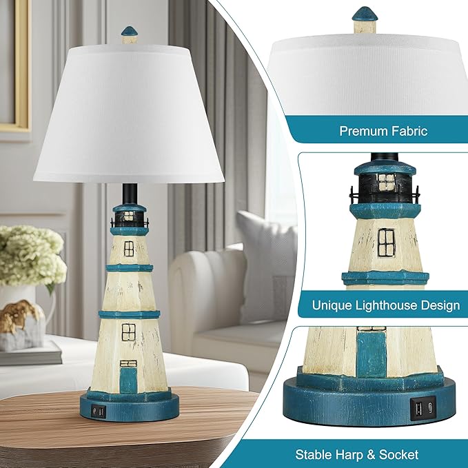 WIHTU Table Lamps Set of 2, Bedside Lamps with Dual USB Charging Ports, 3-Way Dimmable Modern White Blue Lighthouse Touch Control Nightstand Lamps for Living Bedroom, Bulbs Included