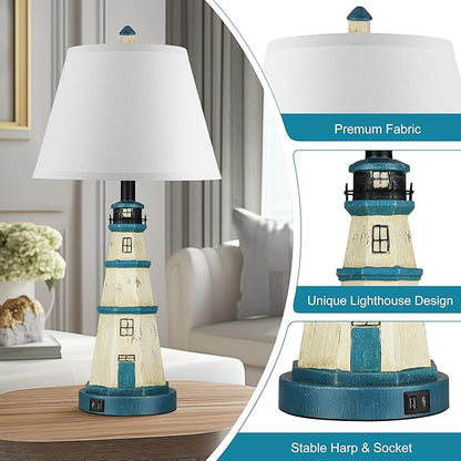 WIHTU Table Lamps Set of 2, Bedside Lamps with Dual USB Charging Ports, 3-Way Dimmable Modern White Blue Lighthouse Touch Control Nightstand Lamps for Living Bedroom, Bulbs Included