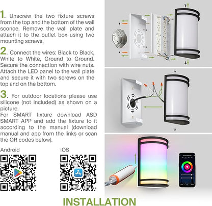 ASD 10 Inch Smart RGBW LED Outdoor & Indoor Wall Mount Light Fixture - Black RGB Wall Sconce Exterior Lighting - 120-277V 15W 2700-6500K Dimmable, Remote Control, Alexa - Front Door, Patio ETL