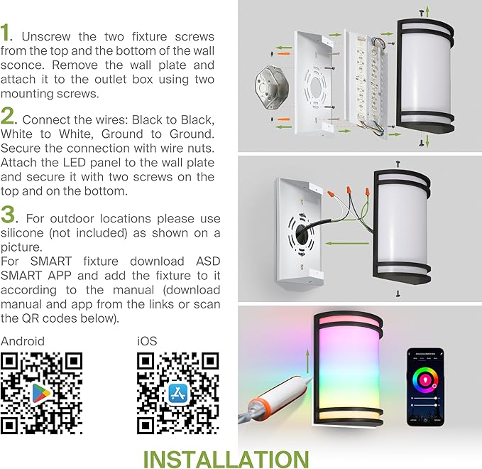 ASD 10 Inch Smart RGBW LED Outdoor & Indoor Wall Mount Light Fixture - Black RGB Wall Sconce Exterior Lighting - 120-277V 15W 2700-6500K Dimmable, Remote Control, Alexa - Front Door, Patio ETL 2 Pack