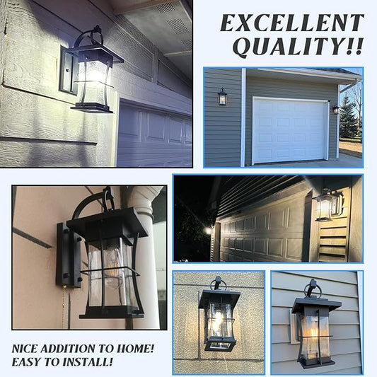 Dusk to Dawn Outdoor Wall Lantern Exterior Light Fixtures Wall Mount Porch Light with Photocell Sensor Waterproof Outside Wall Lights for House, Patio, Garage, Black with Seeded Glass