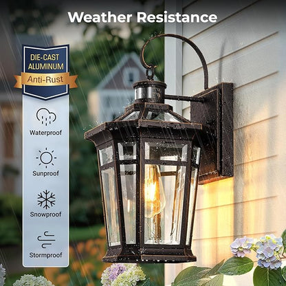 VIANIS Motion Sensor Outdoor Porch Lights Wall Mount, Aluminum Dusk to Dawn Outdoor Lighting for House Exterior Wall Sconce, Waterproof Oil Rubbed Bronze Gold Trim Exterior Lighting Fixtures for Patio