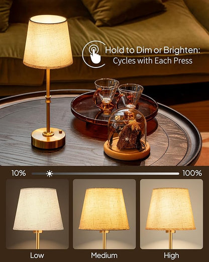 EppieBasic Cordless Table Lamp Rechargeable: Fast Charging & Long Lasting - 2700K Warm Light Vintage Gold Lamps - Dinning Living Room Bedroom - Linen Shade