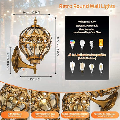 Globe Outdoor Wall Lights with Dusk to Dawn Sensor,Waterproof Gold Sphere Outside Wall Light Fixtures, Anti-Rust Exterior Aluminum Round Porch Lights for Patio Porch Backyard Garage，Large