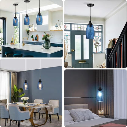 Mini Glass Pendant Light 1-Pack Handblown Clear Dark Blue Seeded Glass Shade Adjustable Cord Ceiling Light Fixture for Kitchen Island Sink 4.72"