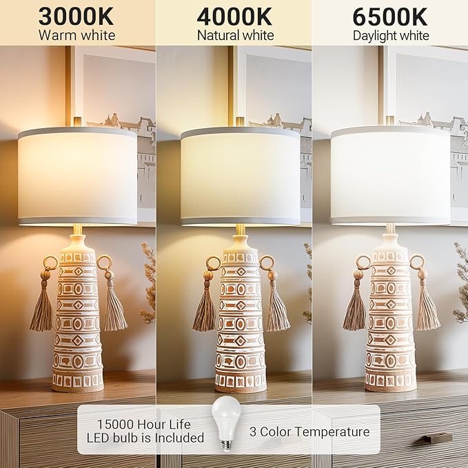30”H Tall Boho Table Lamp Set of 2 for Bedroom Living Room, Handmade Tassels Antique Bedside Lamp, Adjustable with Memory Function Bulb, Linen Shade, Rotary Switch Resin Lamp for Nightstand Decor