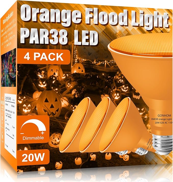 PAR38 Flood Lights Outdoor,Dimmable LED Flood Light Bulbs,20W(Equivalent to 200W),E26 Base,Outdoor Porch,Holiday Lighting,LED Flood Light Bulb for Halloween,Christmas,4 Pack Orange