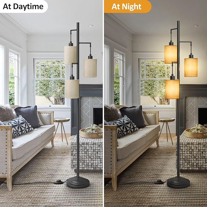 3 Lights Boho Floor Lamps with ON/Off Foot Switch Tree Standing Lamp with Hanging Lampshades Farmhouse Floor Lamp Tall Pole Lamp for Living Room Bedroom Office, 3 PCS 6W Bulbs Included