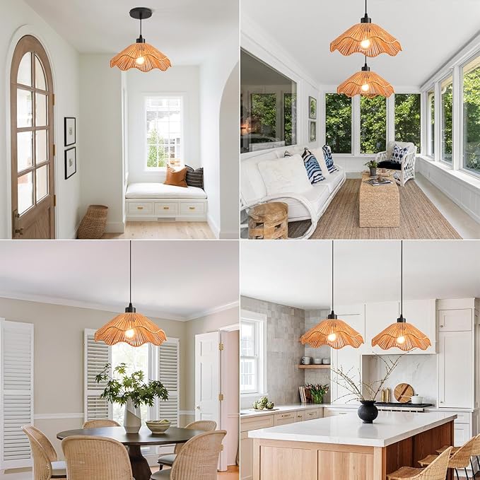 3 Pack Brown Woven Pendant Light Fixtures,11.81" Rattan Pendant Lights Farmhouse Basket Light Fixture Adjustable Boho Hanging Lamp for Kitchen Island Bedroom Dining Room Foyer Hallway