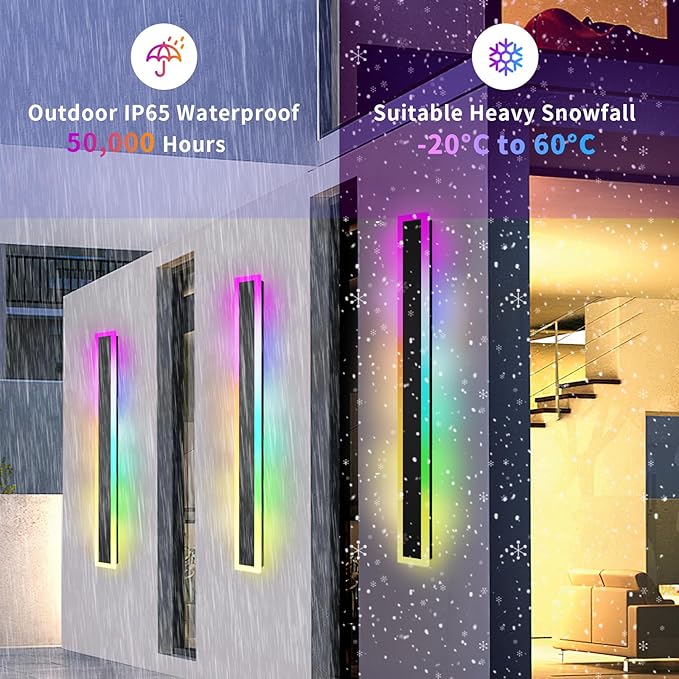 Outdoor RGB Long Wall Lights, 23.6inch 2 Pack RGB/Warm/White Dimmable Modern Led Wall Lighting, Ip65 Waterproof Long Wall Sconce with Remote and APP Control for Outdoor/Indoor