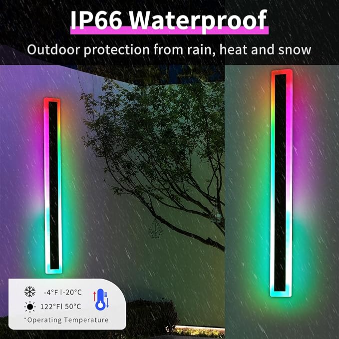 2 Pack Modern Outdoor Wall Light, 59inch RGB LED Wall Sconce, IP65 Waterproof, 10 Colors Dimmable Wall Mount Light Fixture for Fence, Garage, House, Black Aluminium, with Remote Control
