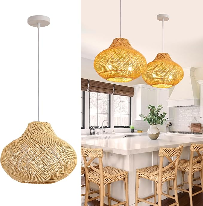 2-Light Rattan Pendant Light,14.96" Hanging Light,Round Wicker Pendant Light Hand-Woven Rattan Chandelier for Workplace Dining Living Bedroom Kitchen Farmhouse