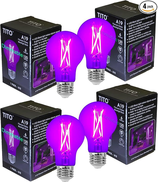 TITO 4 Pack E26 A19 Dimmable Filament LED Black Light Bulbs, UVA 395nm 6W Blacklight Bulb 100W Equivalent, Black Light Bulb Glow in Dark Halloween Christmas Party Fluorescent Posters Decor Display