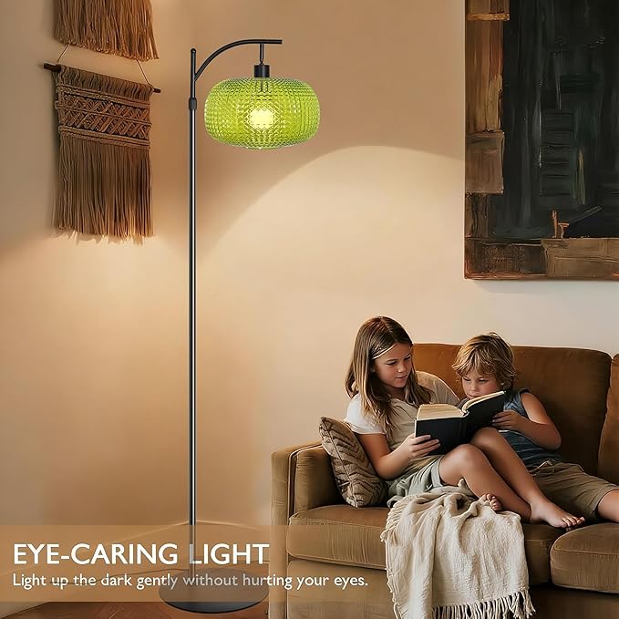 Floor Lamp for Living Room with Green Glass Shade, Modern Standing Lamp with Remote Control, Black Dimmable Tall Lamp for Bedroom Office with 12 LED Bulb