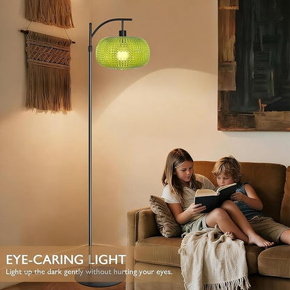 Floor Lamp for Living Room with Green Glass Shade, Modern Standing Lamp with Remote Control, Black Dimmable Tall Lamp for Bedroom Office with 12 LED Bulb