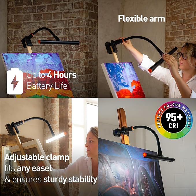 Daylight Company Easel Lamp Go™ Premium 95+ CRI LED Art Lamp with 3-Step Dimmer, USB-C Cable, and Built-in Battery for Superb Color Reproduction and Uninterrupted Illumination
