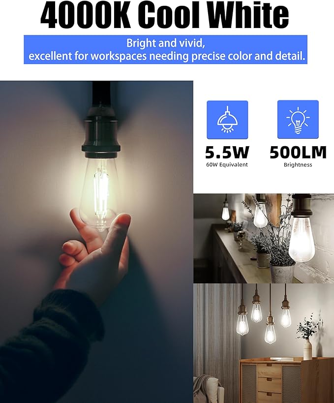 Lumiverse Dimmable Vintage Edison Light Bulbs 60 Watt, 4000K Cool White, Antique Style ST58 LED Filament Bulbs, E26 Base LED Bulb 5.5W, Clear Glass, Pack of 36