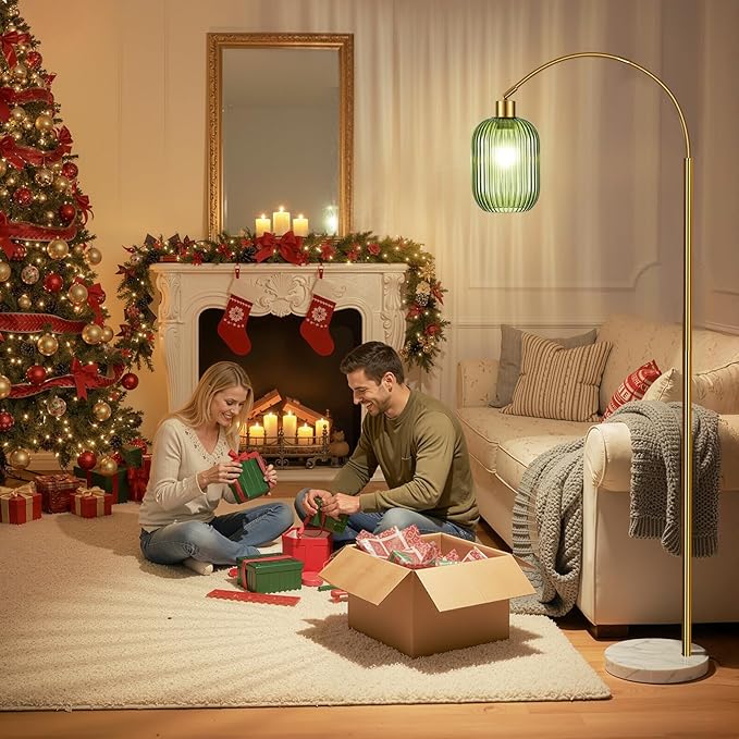 COTTHOS Floor Lamp for Living Room, Modern Gold Lamp with Ribbed Glass Lampshade Marble Base, 68” Glass Tall Lamp with Remote Control and Pedal Switch for Bedroom (6000K LED Bulb Included)