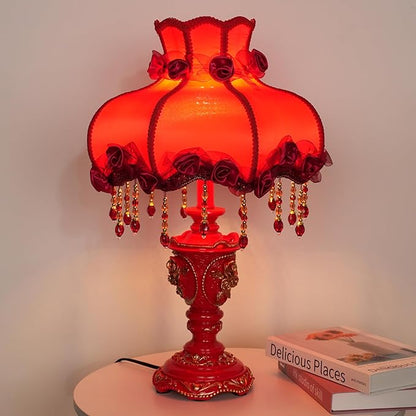 Elegant Table Lamp with Fabric Lampshade, Antique Flower Decorative Bedside Desk Lamp, Rose Decoration Night Light for Bedroom Nightstand