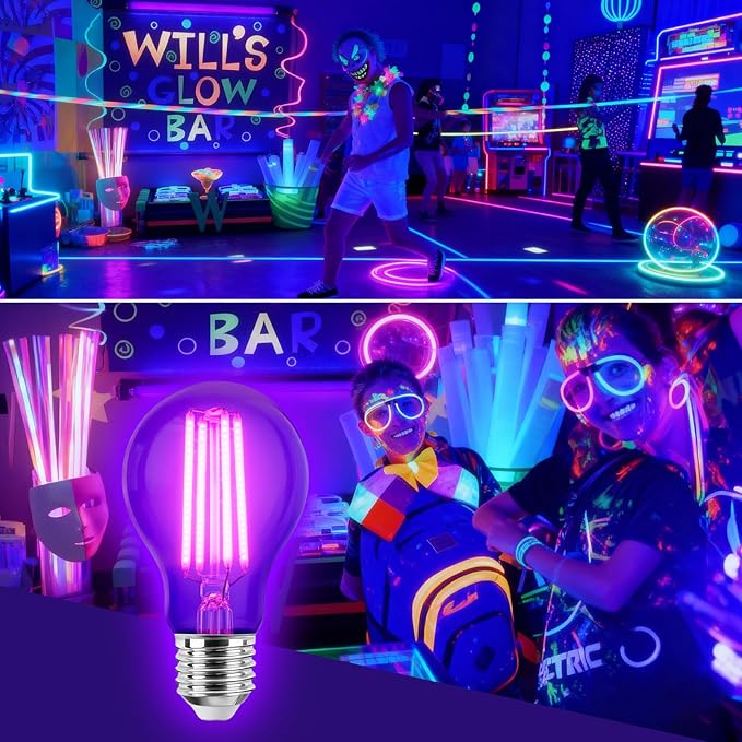 6 Pack E26 A19 Filament LED Black Light Bulbs, 9W Blacklight Bulb, 100W Equivalent, Black Light Bulb Glow in Dark Party Fluorescent Posters Decor Display
