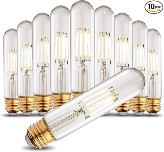 T10 Tubular Led Bulbs 60w Equivalent, Dimmable 5.25 Inch Led Tube Bulb, E26 T30 Edison Tubular Clear Light Bulbs, 5000K Cool White Long Skinny 6W 10 Pack