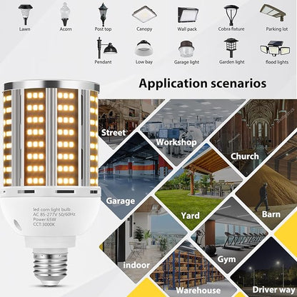 65W LED Corn Light Bulb 2 pack(650W Equivalent ),Warm White 3000K E26/E39 Commercial Grade 7800LM Medium Mogul Base LED Lamp,Large Area Lights For Outdoor Indoor Garage Warehouse Factory Bay Light