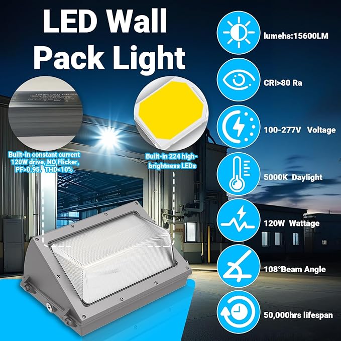 120W LED Wall Pack Light,Outside Exterior Lighting with Anti-Yellowing Glass Lens Dusk to Dawn 18000LM 5000K IP66 100-277V Commercial Security Light for Yard/Factory/Parking Lot,5-Year Warranty
