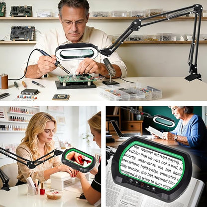 12X Ultra Long 3-Section Swing Arm Lighted Magnifying Glass, NUEYiO 5.3* 3.2" Rectangle Large Magnifier Lamp with Stand, 5 Color Modes LED, 4-way Metal Clip on Workbench Light for Reading Hobby Craft