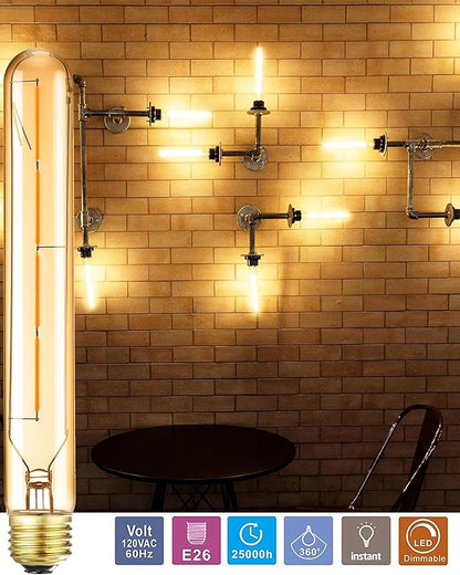 E26 Led Bulbs T10 Dimmable Tubular Light Bulb 4W Equivalent 40 Watt E26 Tube Bulbs 2700K Warm White Amber Glass Edison Style Vintage LED Light Bulb 8.9in,6-Pack.