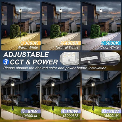 LED Post Top Light 120W/100W/80W Power Tunable, 3CCT 3000K/4000K/5000K Outdoor Post Pole Lights, IP65 Waterproof LED Parking Lot Light for Garden Yard Street Lighting, AC100-277V UL DLC Listed