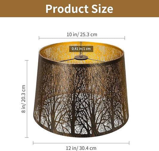 Etched Forest Metal Lampshade, ALUCSET Drum Metal Lamp Shade for Table Lamp,10" Top x 12" Bottom x 8" High Replacement Vintage Lamp Shade, Pattern of Trees Spider Lamp Cover (Antique Bronze Gold)