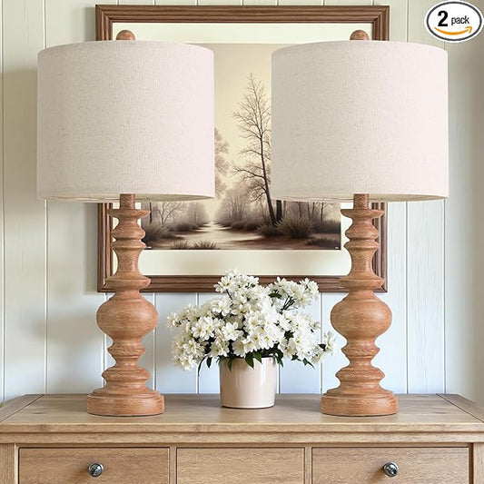 BOBOMOMO 24" Farmhouse Table Lamps Set of 2 – Rustic Light Brown Resin Bedside Lamps with Linen Shades, Medium Size Nightstand Lamps for Bedroom, Living Room, and Entryway, Ideal for Warm, Cozy Spaces