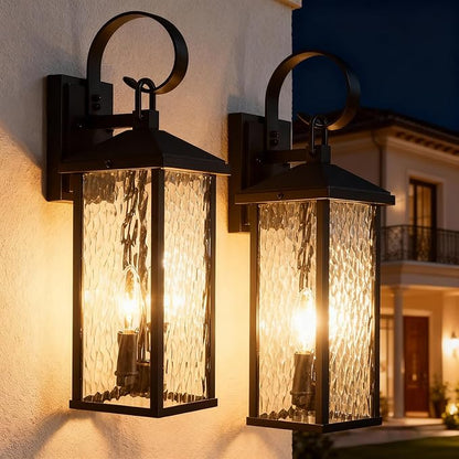 Porch Lights Outdoor Wall Light Fixtures Wall Mount, Modern Exterior Lighting Fixtures with Water Ripple Glass Waterproof, 2-Light E12 Sockets Outside Garage Lights for House Patio, 2 Pack