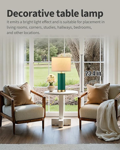 KDG 23.4" Green PU Leather Table Lamps for Living Room Set of 2, 3 Level Brightness LED Modern Home Decor Fabric Lampshade Desk Lamp Lighitng for Bedroom, Bedside, Farmhouse, Nightstand, Night Light