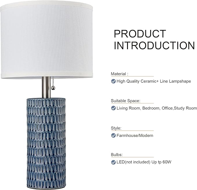 Table Lamps for Living Room Set of 2, Ceramic Table Lamps for Bedroom, 20" Modern Lamps for Night Stands, Dark Blue