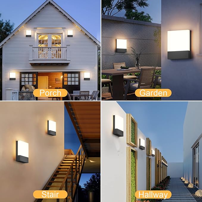 Modern Outdoor Led Wall Light, 24W 3000K Wall Porch & Patio Light,Exterior Hardwired Wall Light Fixtures,IP65 Waterproof Square Wall Lamp for Garage, Front Door,House Yard(Black,4-Pack)