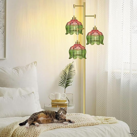Glass Gold Floor Lamp for Living Room,Bedroom,Mid Century Modern Standing Lamp Brass Tree 3 Light Tall Floor Lamps Vintage Retro Floor Lights Green Flower Lamp Shade Farmhouse Boho Bohemian
