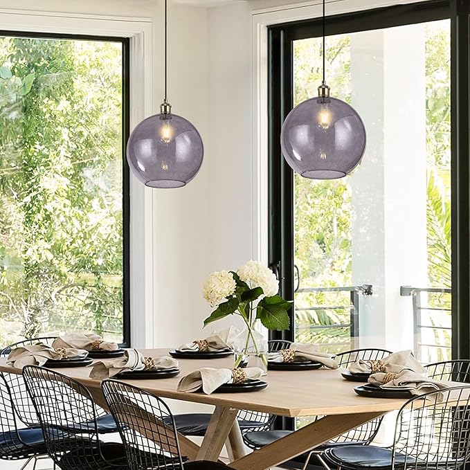 Grey Glass Pendant Lights Kitchen Island Lighting Globe Pendant Light Fixtures Modern Kitchen Island Lighting for Dining Room Bedroom -9.8inch