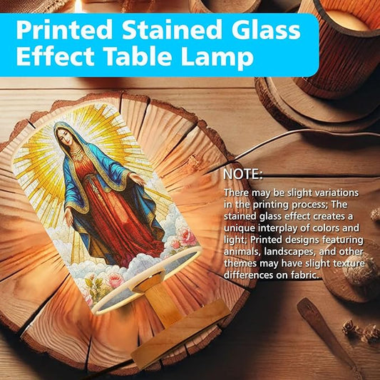 Our Lady of Guadalupe Table Lamp LED 3-Color Pressed Bedside, Our Lady of Guadalupe Shade Lamp with Wood Base for Bedroom Living Room Desk Office TL01