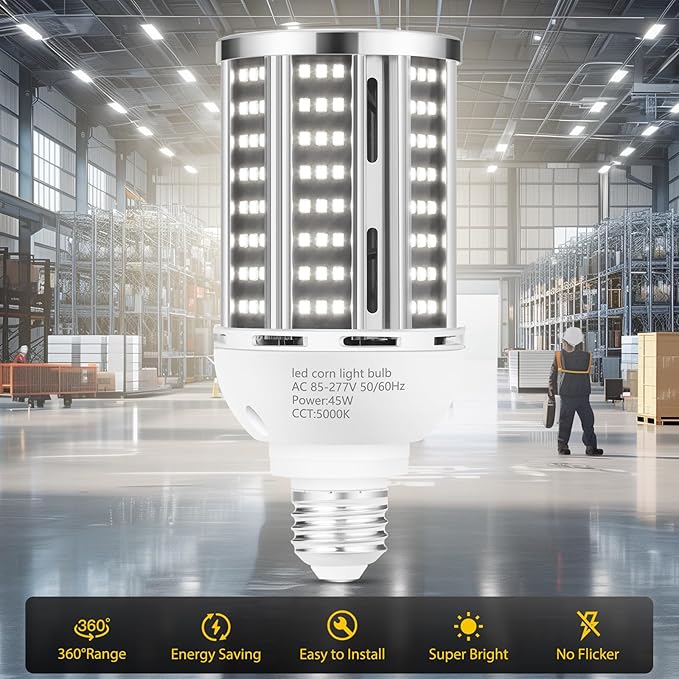 45W 6 pack LED Corn Light Bulb,400W Equivalent 5000K Commercial Grade Daylight E26/E39 6000LM Medium Mogul Base LED Lamp,Large Area Lights For Outdoor Indoor Garage Warehouse street Factory Bay Light