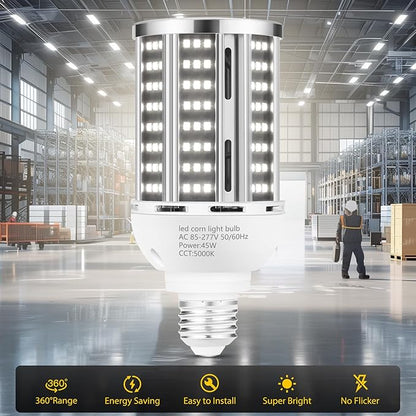 45W 6 pack LED Corn Light Bulb,400W Equivalent 5000K Commercial Grade Daylight E26/E39 6000LM Medium Mogul Base LED Lamp,Large Area Lights For Outdoor Indoor Garage Warehouse street Factory Bay Light