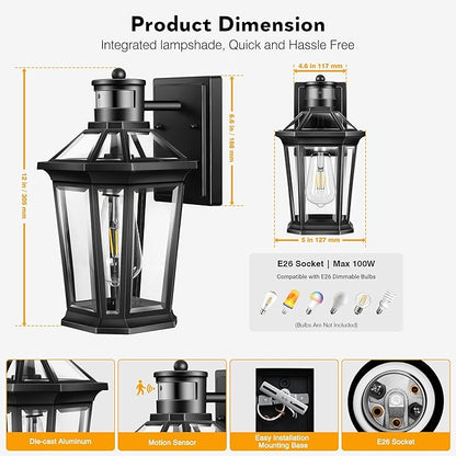 VIANIS Black 2 Pack Outdoor Lights for House, Dusk to Dawn Porch Light Lantern, Exterior Lighting for House Wall Mount, Motion Sensor Light Outside for Garage, Brightness Distance Adjustable