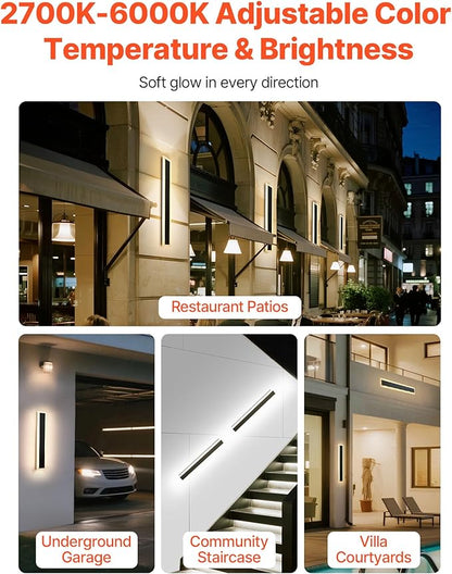 VEVOR Outdoor Wall Lights, 2 Pack, 23.6 Inch Long Strip Modern Exterior Wall Sconce Light Fixtures, 2700K-6000K, IP65 Waterproof Anti-Rust, Dimmable Outside Wall Mount Lighting, for House Porch Garage